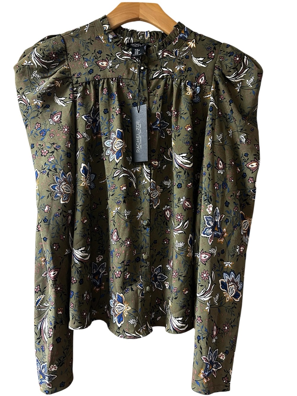 Rachel Zoe Olive Green Floral Puff-Sleeve Blouse nwt